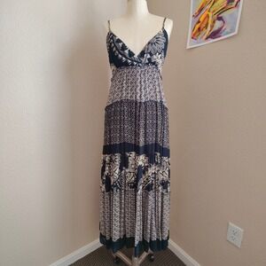 Temptation Boho Patchwork Maxi Dress Black Empire Tiered Spaghetti Strap Rayon M